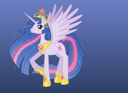 Size: 900x655 | Tagged: dead source, safe, artist:princesschuchi, twilight sparkle, alicorn, pony, big crown thingy, blue background, doubly hilarious in hindsight, female, hilarious in hindsight, hoof shoes, jewelry, mare, peytral, princess, princess twilight 2.0, regalia, simple background, solo, spread wings, twilight sparkle (alicorn), ultimate twilight, wings