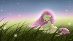 Size: 1920x1080 | Tagged: safe, artist:feather-ponyart, fluttershy, firefly (insect), pegasus, pony, g4, female, floppy ears, grass, lidded eyes, looking down, mare, outdoors, sitting, solo, spread wings, stray strand, windswept mane, wings