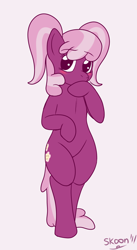 Size: 1040x1904 | Tagged: safe, artist:skoon, cheerilee, pony, oh dat cheerilee, alternate hairstyle, bipedal, blushing, cheeribetes, cute, female, g3.5 hairstyle, pigtails, solo
