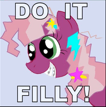 Size: 208x209 | Tagged: safe, artist:enma-darei, cheerilee, earth pony, pony, g4, 80s, 80s cheerilee, braces, do it filly, female, grin, image macro, mare, meme, smiling, solo