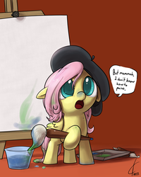 Size: 1600x2000 | Tagged: safe, artist:valcron, fluttershy, pegasus, pony, g4, beret, cute, dialogue, female, filly, floppy ears, hat, open mouth, paint, paint on fur, paintbrush, shyabetes, solo, speech bubble, younger