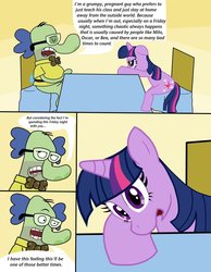 Size: 900x1161 | Tagged: safe, artist:abigail m., twilight sparkle, g4, comic, crossover, fish hooks, male pregnancy, pregnant, sedate night