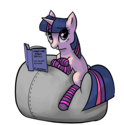 Size: 1118x1131 | Tagged: safe, artist:ponyrake, twilight sparkle, pony, unicorn, g4, beanbag chair, book, clothes, female, mare, simple background, smiling, socks, solo, striped socks, transparent background, unicorn twilight
