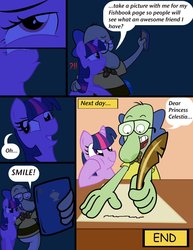 Size: 900x1165 | Tagged: safe, artist:abigail m., twilight sparkle, g4, bait and switch, comic, comic sans, crossover, crossover shipping, fish hooks, phone, sedate night, smiling, wat