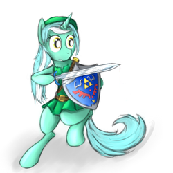 Size: 600x600 | Tagged: safe, artist:cheshiresdesires, lyra heartstrings, pony, unicorn, g4, bipedal, clothes, cosplay, crossover, female, hat, mare, shield, solo, sword, the legend of zelda, weapon