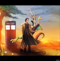 Size: 1400x1419 | Tagged: safe, artist:irasus, artist:limeex, discord, alien, draconequus, g4, crossover, doctor who, duo, story in the comments, tardis, tenth doctor, the doctor, tree