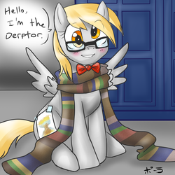 Size: 800x800 | Tagged: safe, artist:jitterbugjive, derpy hooves, pegasus, pony, lovestruck derpy, g4, ask, blushing, bowtie, clothes, crossover, cute, derpabetes, doctor derpy, doctor who, fake cutie mark, female, fourth doctor's scarf, glasses, implied doctor whooves, mare, scarf, solo, striped scarf, tardis, the derptor, tumblr