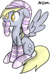 Size: 513x742 | Tagged: safe, artist:miketheuser, derpy hooves, pegasus, pony, g4, clothes, female, mare, mouth hold, nom, simple background, socks, solo, striped socks, transparent background