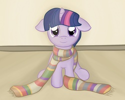 Size: 1280x1024 | Tagged: safe, artist:captainbritish, twilight sparkle, pony, unicorn, g4, clothes, cute, doctor who, female, filly, filly twilight sparkle, floppy ears, fourth doctor, fourth doctor's scarf, long scarf, looking at you, scarf, sitting, smiling, solo, striped scarf, twiabetes, unicorn twilight, younger