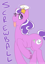 Size: 1280x1810 | Tagged: safe, artist:junes-pony, screwball, earth pony, pony, g4, female, hat, mare, propeller hat, purple background, simple background, solo, swirly eyes, tongue out