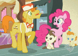 Size: 545x398 | Tagged: safe, screencap, carrot cake, pinkie pie, pound cake, pumpkin cake, baby cakes, g4, animated, cake twins, hub logo, loop, trotting, trotting in place