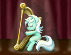 Size: 1646x1271 | Tagged: safe, artist:midori-no-ink, lyra heartstrings, pony, unicorn, g4, eyes closed, female, harp, mare, musical instrument, sitting, smiling, solo, stage, stool