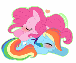 Size: 852x712 | Tagged: safe, artist:shineymagic, pinkie pie, rainbow dash, g4, female, heart, lesbian, ship:pinkiedash, shipping, sleeping