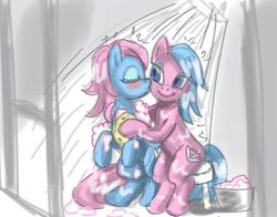Size: 1087x852 | Tagged: source needed, safe, artist:pluckyninja, aloe, lotus blossom, earth pony, pony, g4, blushing, cheek kiss, duo, female, incest, kissing, lesbian, mare, ship:spacest, shipping, shower, spa twins, sponge, twincest