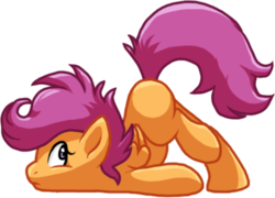 Size: 433x312 | Tagged: safe, artist:fizzy-dog, scootaloo, pegasus, pony, g4, face down ass up, female, filly, looking back, scootie belle, scooting, simple background, solo, transparent background