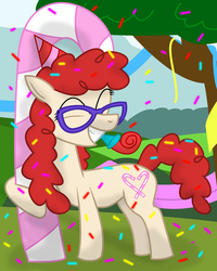 Size: 2000x2498 | Tagged: safe, artist:dazed-and-wandering, twist, earth pony, pony, g4, candy cane, confetti, eyes closed, female, filly, glasses, high res, party horn, solo