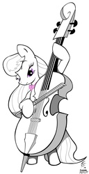 Size: 570x1110 | Tagged: safe, artist:masternodra, octavia melody, earth pony, pony, g4, bipedal, black and white, cello, female, grayscale, hoof hold, mare, monochrome, musical instrument, partial color, solo