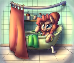 Size: 2876x2467 | Tagged: safe, artist:leadhooves, gummy, pinkie pie, g4, bath, bathroom, bathtub, claw foot bathtub, high res, rubber duck, shower curtain, smiling, soap, tongue out, towel, tub, water, wet, wet mane