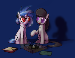 Size: 1488x1148 | Tagged: safe, artist:valcron, dj pon-3, octavia melody, vinyl scratch, earth pony, pony, unicorn, colored pupils, cute, dark blue background, duo, featured image, female, glasses, headphones, looking at each other, mare, record, record player, red eyes, sharing headphones, simple background, sitting, sweet dreams fuel, tavibetes, turntable, vinylbetes, wrong eye color