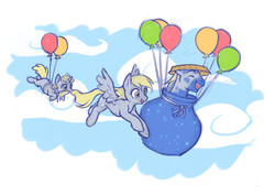 Size: 841x595 | Tagged: safe, artist:rasenth, derpy hooves, dinky hooves, hugh jelly, pegasus, pony, g4, balloon, cloud, cloudy, eyes closed, female, flying, mare, mother and daughter, mouth hold, sky, trio