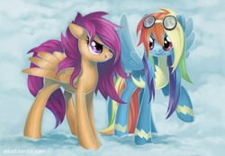 Size: 780x540 | Tagged: safe, artist:sugarsongart, rainbow dash, scootaloo, pegasus, pony, g4, cloud, cloudy, cute, duo, female, goggles, long mane, mare, older, older scootaloo, smiling, spread wings, wings, wonderbolts uniform
