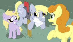 Size: 1546x900 | Tagged: safe, artist:tranquilmind, carrot top, derpy hooves, dinky hooves, golden harvest, pegasus, pony, g4, derpy inside a mailbox, female, letter, mailbox, mare