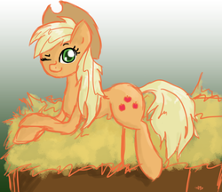 Size: 2200x1900 | Tagged: safe, artist:willowb, applejack, earth pony, pony, g4, female, prone, solo, wink