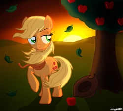 Size: 1883x1701 | Tagged: safe, artist:walliscolours, applejack, earth pony, pony, g4, female, leaf, mare, raised hoof, rope, solo, tree, windswept mane