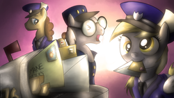 Size: 1366x768 | Tagged: safe, artist:fongsaunder, derpy hooves, mr. zippy, parcel post, post haste, pegasus, pony, g4, clothes, female, glasses, hat, letter, mailmare, mailpony, male, mare, mouth hold, stallion, trio, uniform