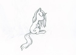 Size: 2367x1691 | Tagged: safe, artist:tyrellus, oc, oc only, pony, unicorn, drawing, ears, female, grayscale, horn, monochrome, pencil drawing, solo, traditional art
