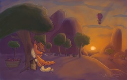 Size: 1920x1212 | Tagged: safe, artist:naterrang, applejack, twilight sparkle, earth pony, pony, g4, alcohol, apple, balloon, cider, duo, female, mare, sunset, tree