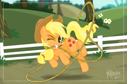Size: 2800x1850 | Tagged: safe, artist:killryde, applejack, earth pony, pony, g4, action pose, female, hat, lasso, mouth hold, one eye closed, smiling, solo