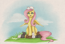 Size: 1500x1019 | Tagged: safe, artist:amenoo, fluttershy, pegasus, pony, rabbit, g4, animal, female, mare, open mouth, solo