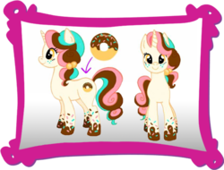 Size: 517x392 | Tagged: safe, artist:angela schramm, oc, oc only, oc:sugar sprinkles, pony, unicorn, c:, contest, design, design a my little pony contest, donut, food, freckles, hasbro, horn, smiling, solo