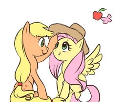 Size: 600x500 | Tagged: artist needed, safe, applejack, fluttershy, g4, accessory swap, blushing, female, lesbian, ship:appleshy, shipping, simple background