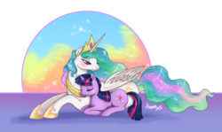 Size: 3507x2094 | Tagged: safe, artist:amenoo, princess celestia, twilight sparkle, alicorn, pony, unicorn, g4, duo, eyes closed, female, high res, mare, simple background, transparent background, unicorn twilight