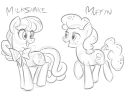 Size: 1347x1041 | Tagged: safe, artist:megasweet, oc, oc only, food pony, original species, pony, female, mare, milkshake, monochrome, muffin, sketch