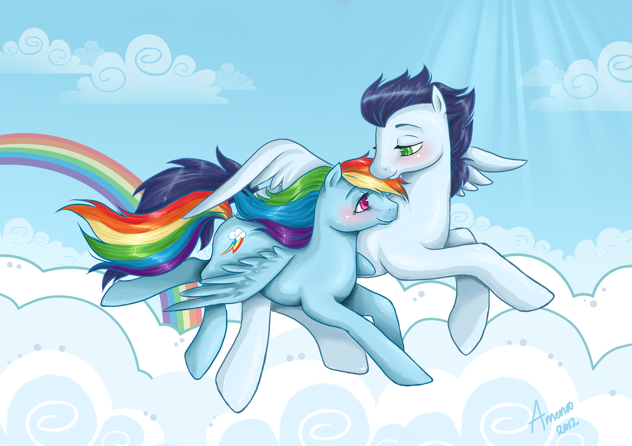 <b>rainbow</b> dash, <b>soarin</b>&apos;, pegasus, pony, g4, blushing, cloud, cloudy, fem...