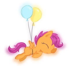 Size: 1518x1395 | Tagged: safe, artist:eljonek, scootaloo, pegasus, pony, g4, balloon, eyes closed, female, filly, floating, scootaloo can't fly