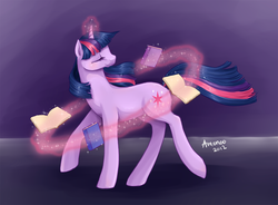 Size: 1500x1106 | Tagged: safe, artist:amenoo, twilight sparkle, pony, unicorn, g4, book, eyes closed, female, glowing horn, horn, magic, mare, solo, telekinesis, unicorn twilight