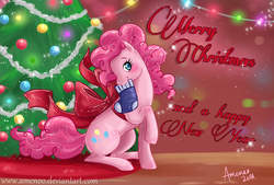 Size: 1800x1218 | Tagged: safe, artist:amenoo, pinkie pie, earth pony, pony, g4, christmas, female, ribbon, solo