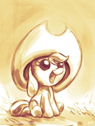 Size: 750x1000 | Tagged: safe, artist:kp-shadowsquirrel, applejack, earth pony, pony, g4, female, foal, mare, monochrome, solo