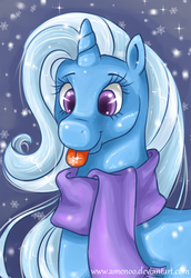 Size: 1236x1800 | Tagged: safe, artist:amenoo, trixie, pony, unicorn, g4, clothes, female, mane, mare, scarf, smiling, snow, snowflake, solo, tongue out