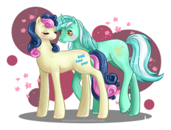 Size: 1500x1140 | Tagged: safe, artist:amenoo, bon bon, lyra heartstrings, sweetie drops, earth pony, pony, unicorn, g4, blushing, duo, eyes closed, female, flower, lesbian, mare, shiny, ship:lyrabon, shipping, simple background, transparent background