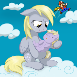 Size: 1500x1500 | Tagged: safe, artist:megasweet, artist:php44, derpy hooves, dinky hooves, pony, g4, baby, baby dinky hooves, baby pony, crossover, equestria's best mother, foal, male, mario, newborn, super mario bros.