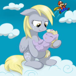 Size: 1500x1500 | Tagged: safe, artist:megasweet, artist:php44, derpy hooves, dinky hooves, pony, g4, baby, baby dinky hooves, baby pony, cloud, crossover, crying, equestria's best mother, female, foal, male, mario, mother and child, mother and daughter, newborn, sky, super mario bros., tears of joy