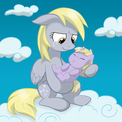 Size: 1500x1500 | Tagged: safe, artist:megasweet, artist:php44, edit, derpy hooves, dinky hooves, pegasus, pony, g4, baby, baby dinky hooves, baby pony, cloud, cloudy, crying, equestria's best daughter, equestria's best mother, female, foal, like mother like daughter, like parent like child, mare, mother and daughter, newborn