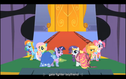 Size: 1024x640 | Tagged: safe, screencap, applejack, fluttershy, pinkie pie, rainbow dash, rarity, twilight sparkle, g4, the best night ever, clothes, dress, female, fluttershy's first gala dress, gala dress, gown, grand galloping gala, mane six, pinkie pie's first gala dress, rainbow dash's first gala dress, rarity's first gala dress, youtube caption