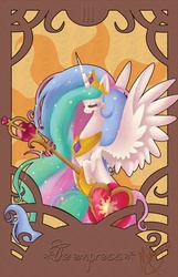 Size: 844x1313 | Tagged: dead source, safe, artist:cherrypup-e, artist:licoricebunny, princess celestia, alicorn, pony, g4, eyes closed, female, mare, scepter, solo, spread wings, tarot card, wings