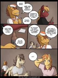 Size: 675x900 | Tagged: safe, artist:jaynaylor, big macintosh, carrot cake, oc, anthro, g4, adultery, alcohol, beer, clothes, comic, dialogue, implied infidelity, infidelity
